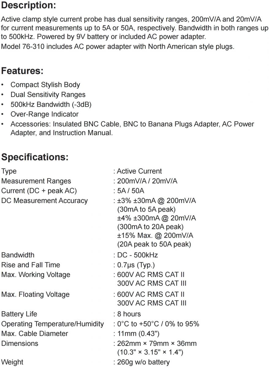 פרוב זרם אקטיבי לסקופ TENMA 76-310